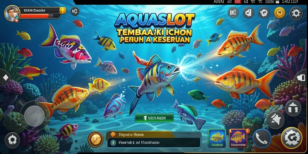 Tampilan gameplay AQUASLOT dengan aksi menembak ikan yang seru.