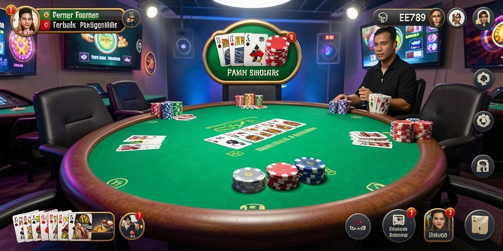 Screenshot gameplay EE789 menampilkan aksi poker yang mendebarkan.