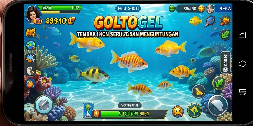 Tampilan gameplay GOLTOGEL dengan aksi menembak ikan.