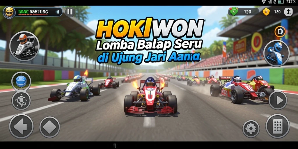 Tampilan menegangkan dari balapan HOKIWON dengan mobil balap yang cepat.