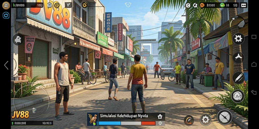 Tangkapan layar utama <strong>JV88</strong> menunjukkan interaksi karakter di dalam dunia simulasi.