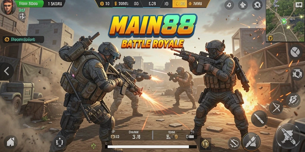 Screenshot MAIN88 menampilkan pertempuran intens di arena Battle Royale.