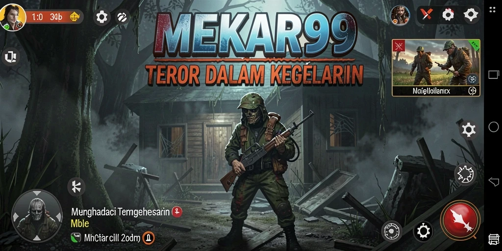Tampilan gameplay MEKAR99 yang menyeramkan di kegelapan.