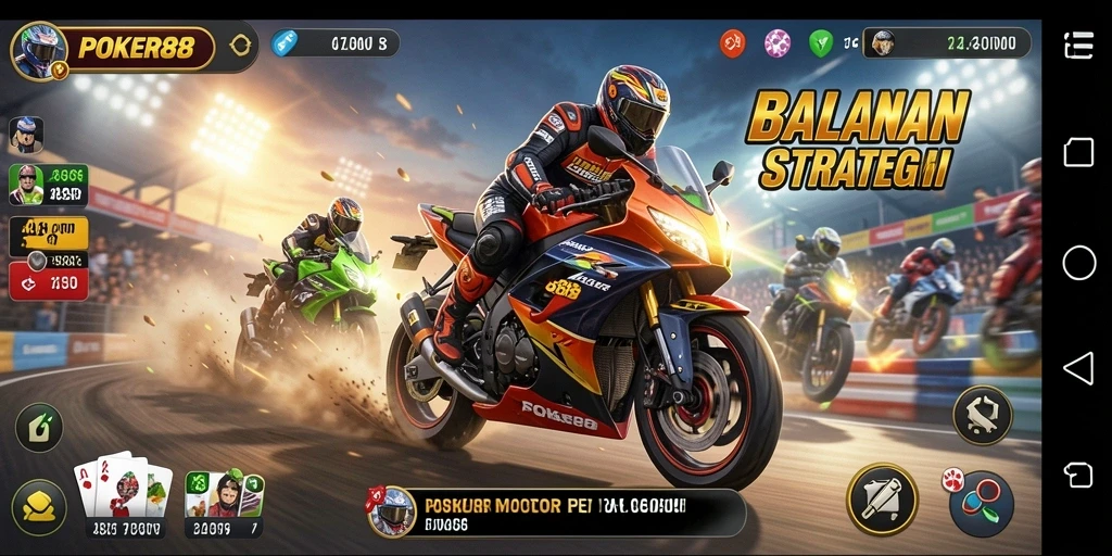 Screenshot gameplay POKER88 menunjukkan balapan motor yang seru dan penuh aksi.