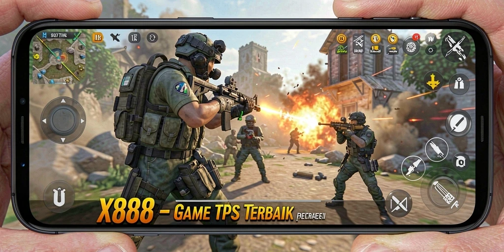 Screenshot gameplay X88 menampilkan pertempuran TPS yang intens.